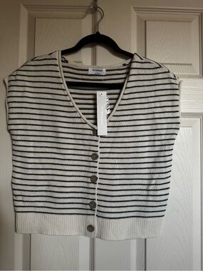 NWT The Workshop Cream & Black Striped Button-Front Knit Sleeveless Sweater